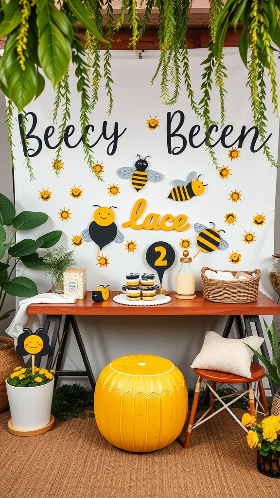 A bee-themed photo booth with decorations, cupcakes, and a cheerful atmosphere.