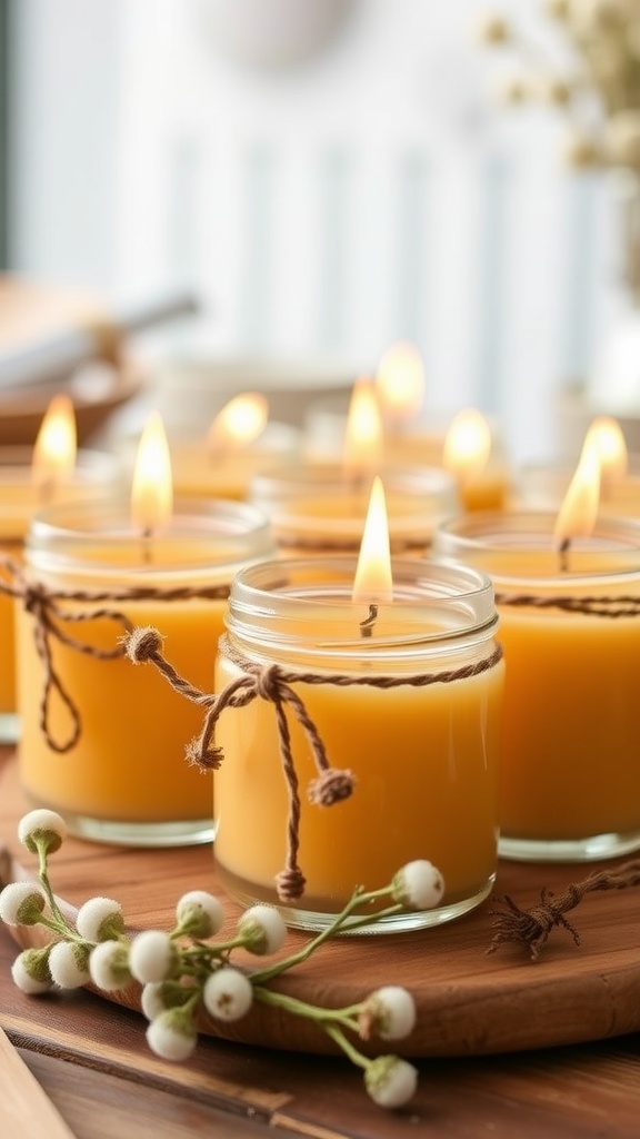 Several beeswax candles in glass jars with twine, glowing warmly on a wooden surface.