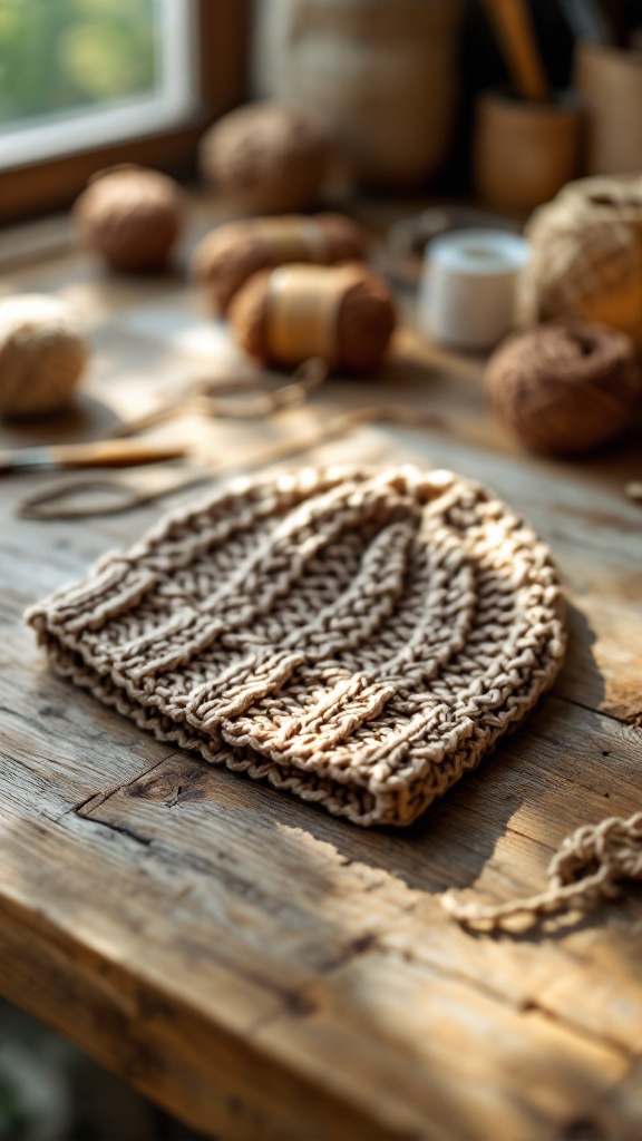 A beige crocheted beanie hat placed on a wooden table, surrounded by yarn balls and crochet tools.