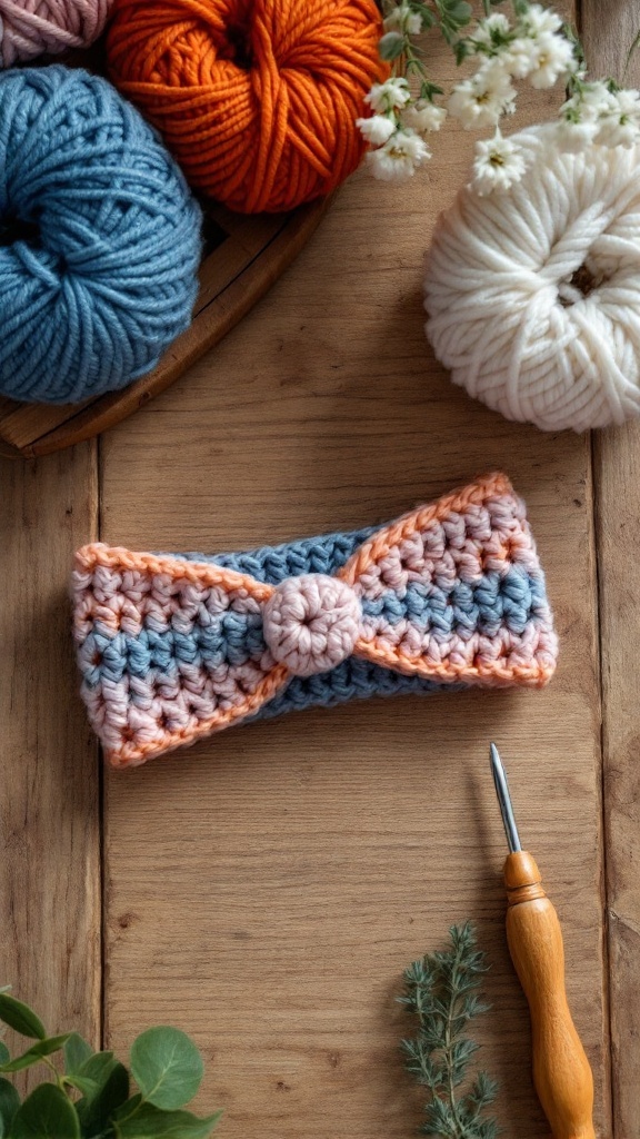 Crochet ear warmer with a twist design, surrounded by colorful yarn balls and a crochet hook on a wooden surface.