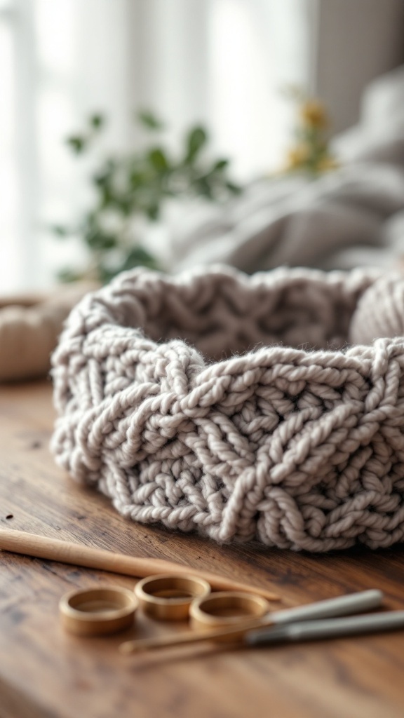 A close-up of a chunky crochet headband on a wooden table, with a crochet hook and scissors beside it.