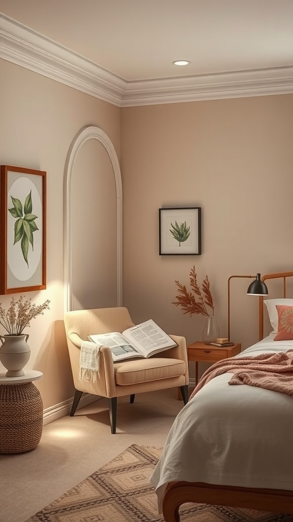A cozy beige-themed reading nook featuring a comfortable chair, a side table with a book, and decorative plants.