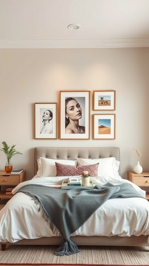 A cozy bedroom featuring a beige accent wall adorned with framed art, a neatly made bed, and stylish decor.