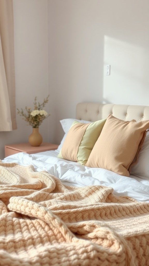 A cozy bedroom with beige accents, featuring soft pillows and a textured blanket.