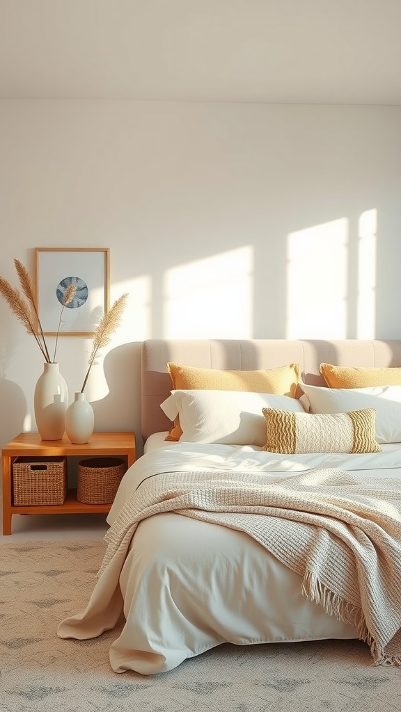 A cozy beige bedroom featuring a bed with layered cushions and a textured throw, a wooden bedside table with vases and baskets, and a wall art piece.