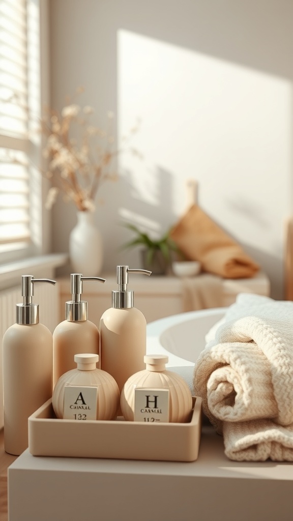 A beige bathroom setup featuring stylish bottles, towels, and a vase with dried flowers, creating a serene atmosphere.