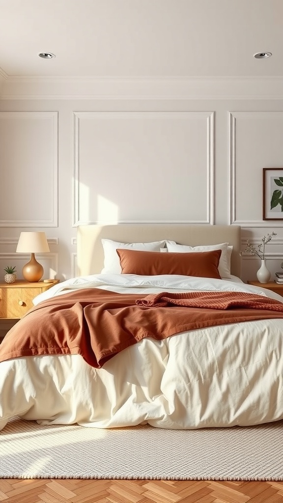 A cozy bedroom featuring a beige and brown bedding set with a warm throw and decorative pillows.