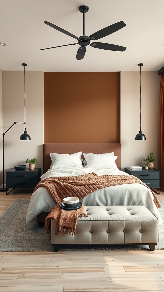 A stylish bedroom featuring beige and brown color blocking with a cozy bed, modern lighting, and decorative plants.
