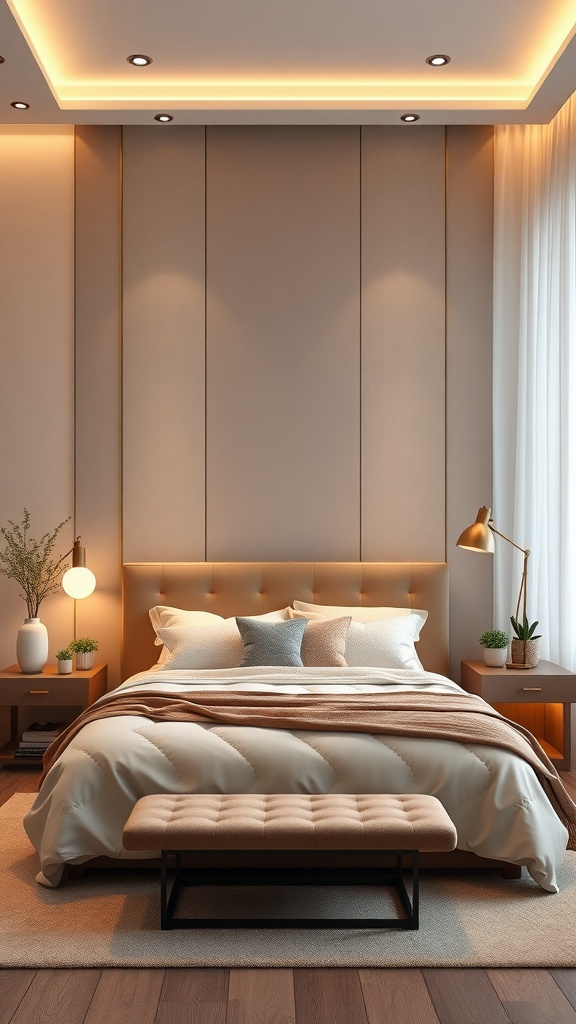 A stylish beige and brown bedroom with warm lighting accents.