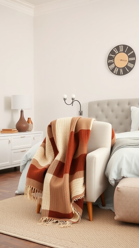 A cozy beige and brown bedroom featuring a striped throw blanket draped over a chair.