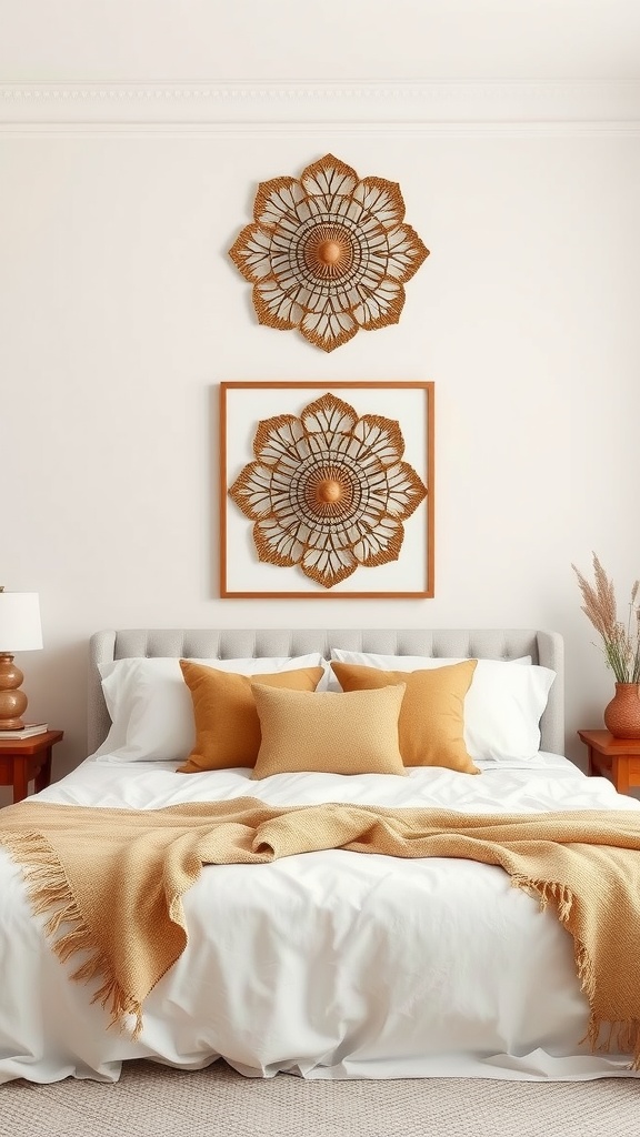 Beige and brown bedroom with decorative wall art featuring flower designs