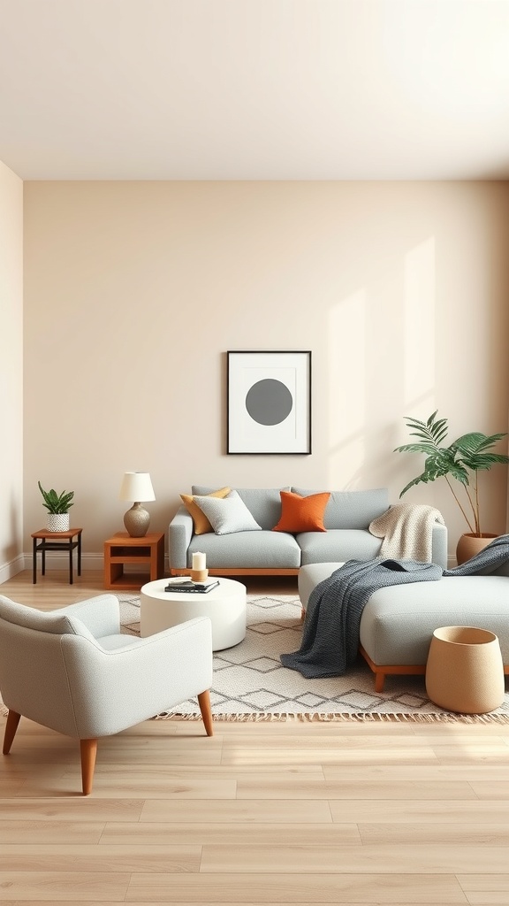 A beige and gray living room featuring a gray sofa, beige walls, and wooden furniture.