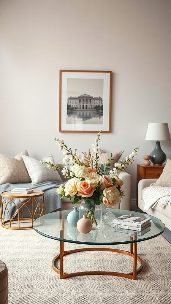 A cozy living room featuring a floral arrangement with beige and gray tones, a glass coffee table, and neutral furnishings.