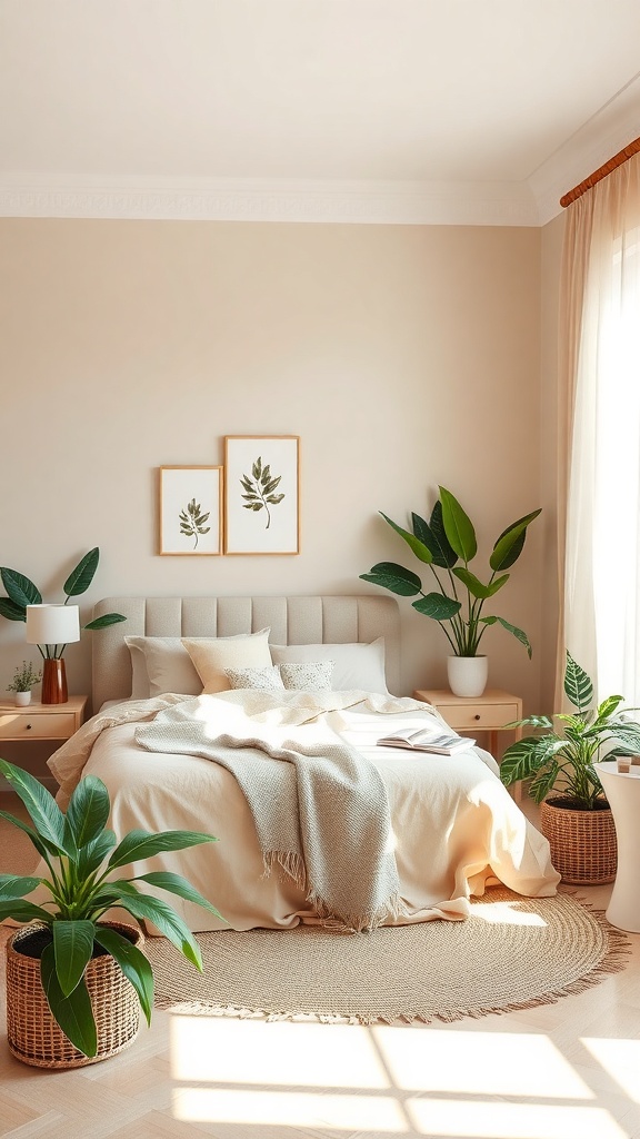 A cozy beige bedroom with green plants, a comfortable bed, and natural light.