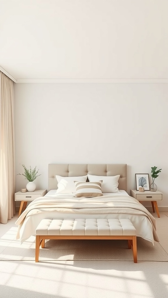 A cozy beige and white bedroom featuring a bed with neutral linens, wooden furniture, and potted plants.