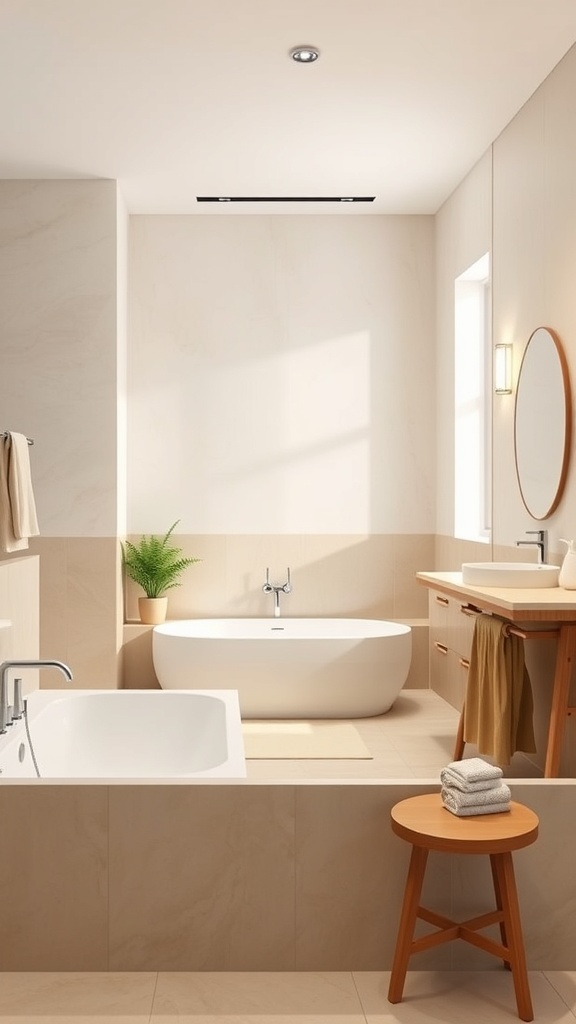 A modern bathroom featuring beige walls, a white bathtub, and wooden accents.