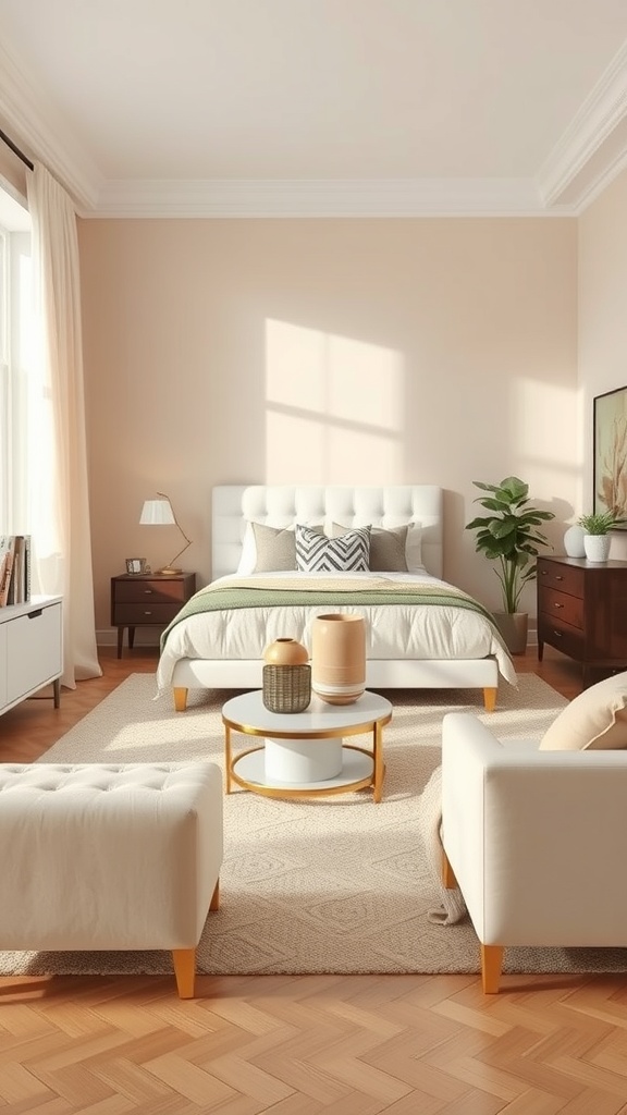 A cozy beige bedroom with white furniture, featuring a bed with a green throw and patterned pillows, a round coffee table, and natural light.