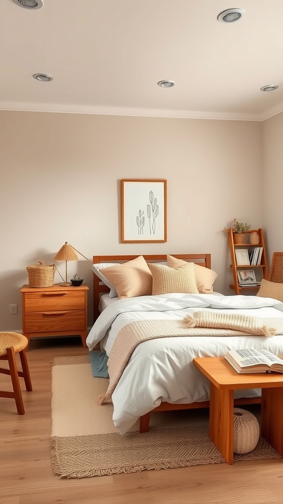 A cozy beige bedroom featuring wooden furniture, soft bedding, and simple decor.