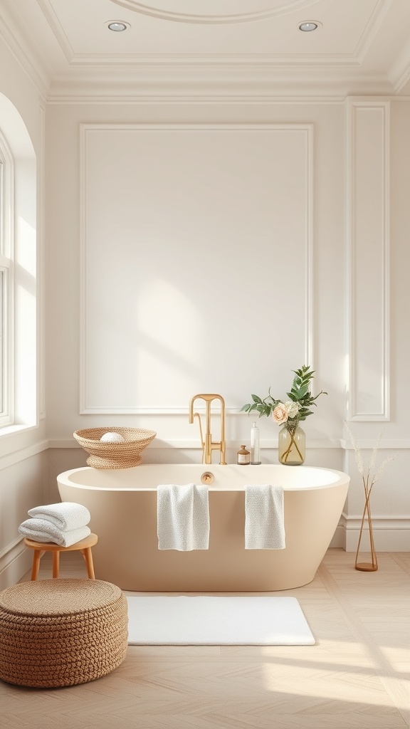 A beige bathtub in a bright, airy bathroom with natural decor elements.