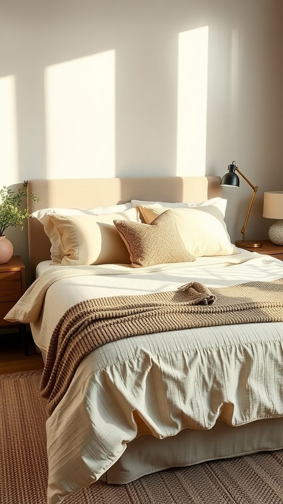A cozy beige bedroom featuring beige bedding with patterned pillows, a knitted throw, and warm lighting.