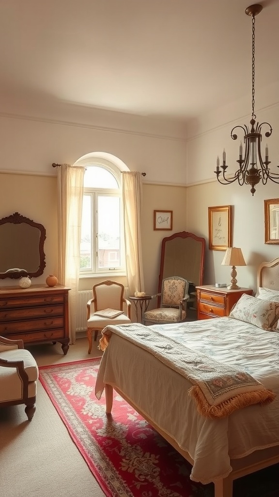A cozy beige bedroom featuring vintage furniture, a chandelier, and natural light from a window.