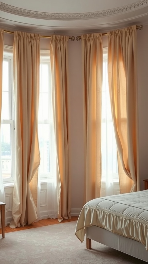 Light beige curtains in a white bedroom, enhancing the decor with a soft and warm touch.