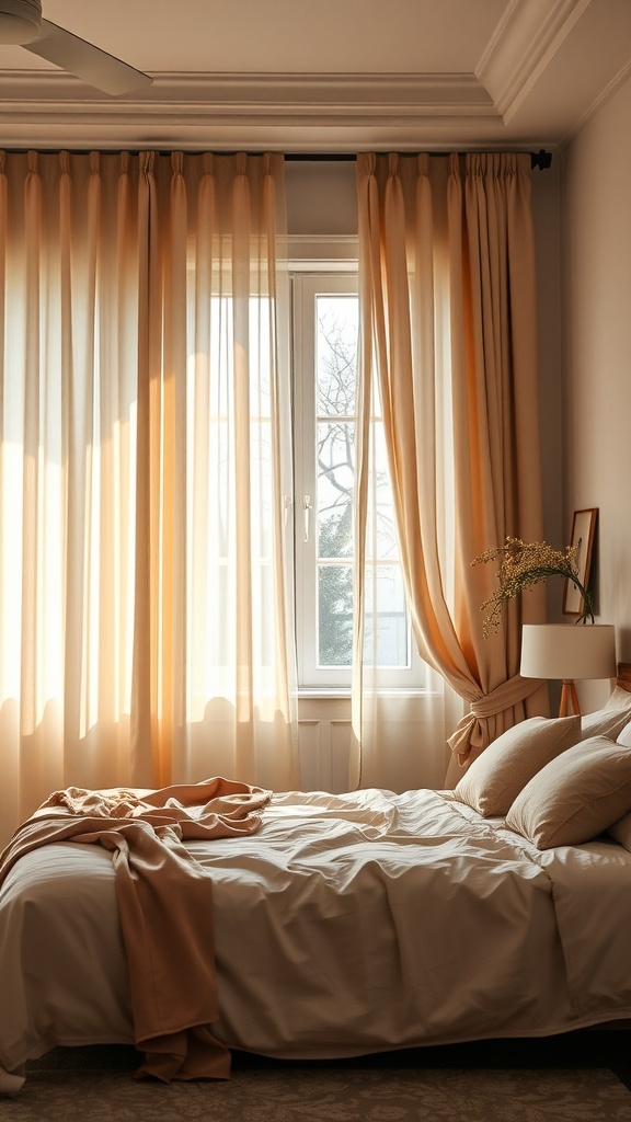 A cozy bedroom with beige curtains allowing soft light to filter in, complemented by neutral bedding.