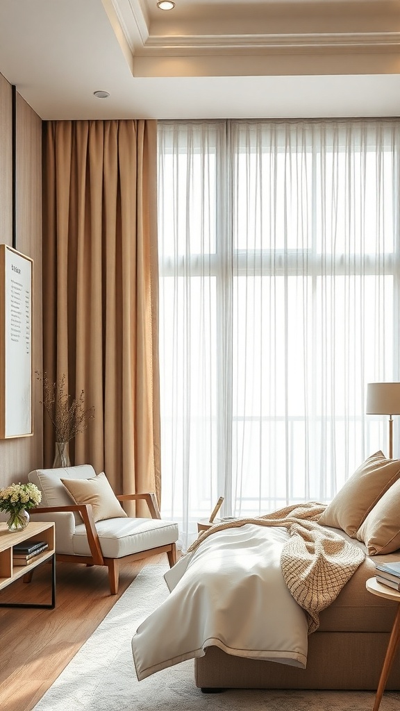 A cozy living room featuring beige curtains and gray shades, creating a warm and inviting atmosphere.