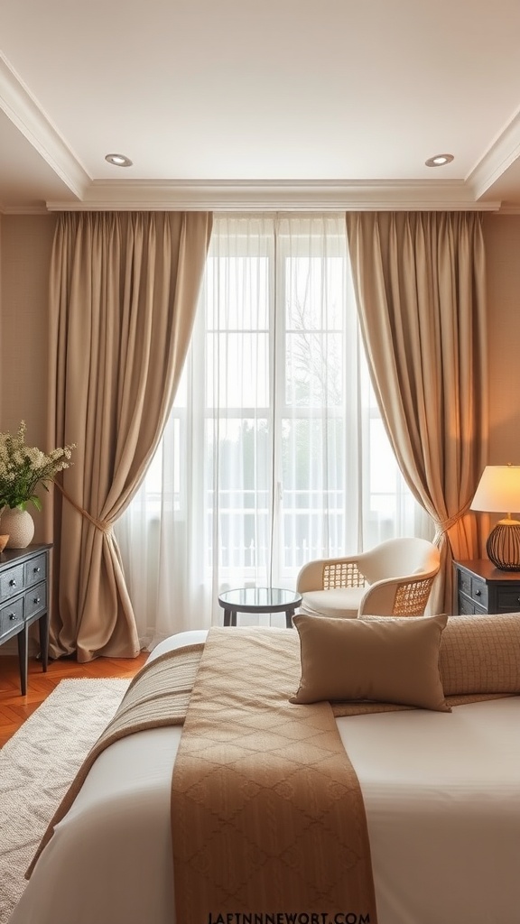 A cozy bedroom featuring beige curtains that allow natural light to fill the space, enhancing the warm tones of the decor.
