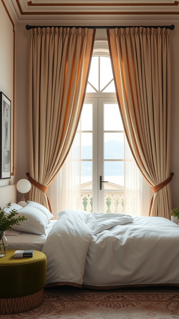 A cozy bedroom featuring beige drapes with brown trim, a neatly made bed, and a small round table with a plant.