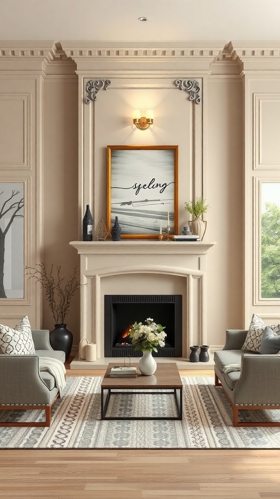A beige fireplace with a gray surround in a stylish living room, featuring gray armchairs, a wooden coffee table, and decorative elements.