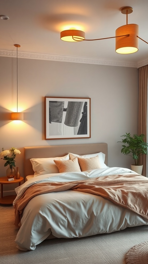 A cozy beige bedroom featuring warm lighting fixtures and a neatly made bed.