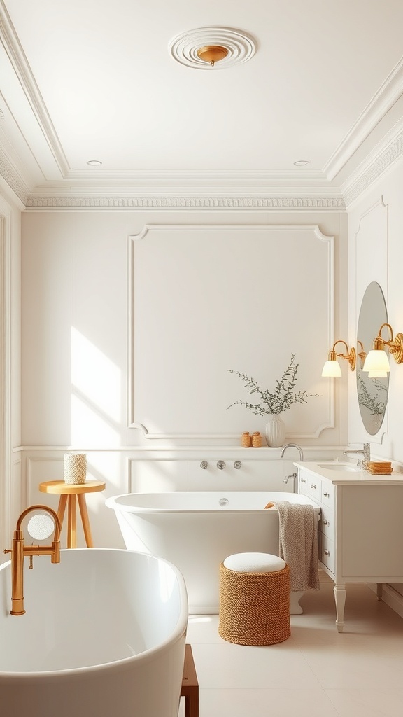A beige bathroom featuring soft lighting fixtures, a freestanding bathtub, and elegant decor.