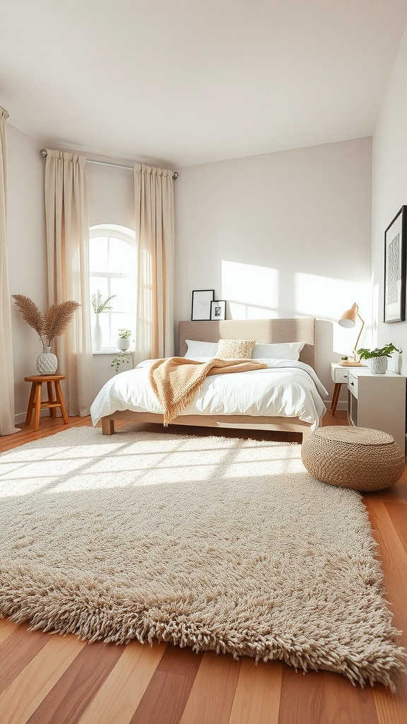 A cozy beige rug in a bright bedroom with wooden flooring and light decor.