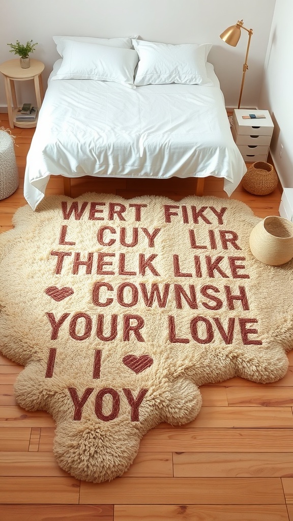 A cozy beige rug with playful text positioned under a bed with white bedding in a bright bedroom.