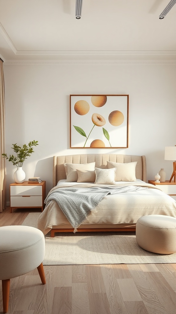 A cozy beige bedroom featuring soft bedding and artwork with beige shades.