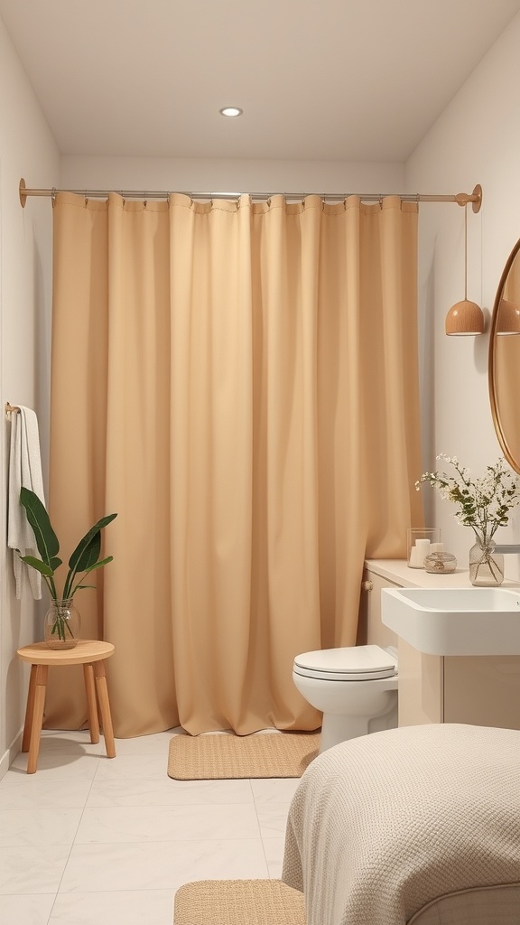 A minimalist beige shower curtain in a modern bathroom setting.