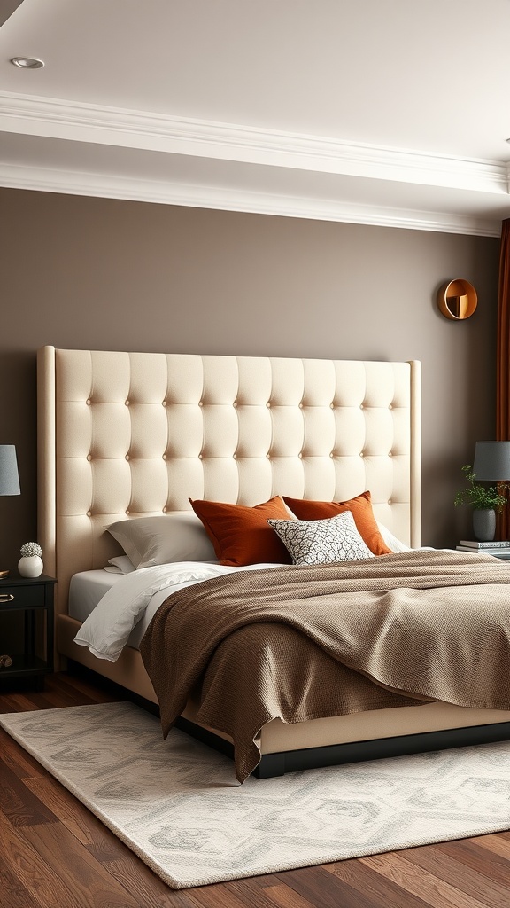 A stylish beige upholstered headboard in a cozy bedroom setting with brown accents.
