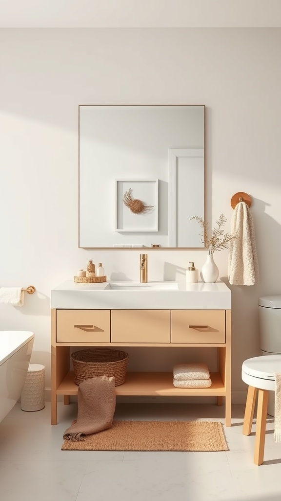 A stylish beige bathroom vanity with gold fixtures, a round mirror, and organized storage.
