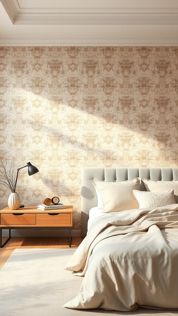 A cozy bedroom featuring beige wallpaper with brown patterns, a light bedspread, and wooden furniture.