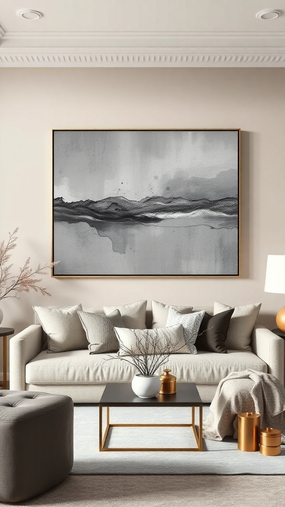 A stylish living room with beige walls and gray artwork above a light-colored sofa.