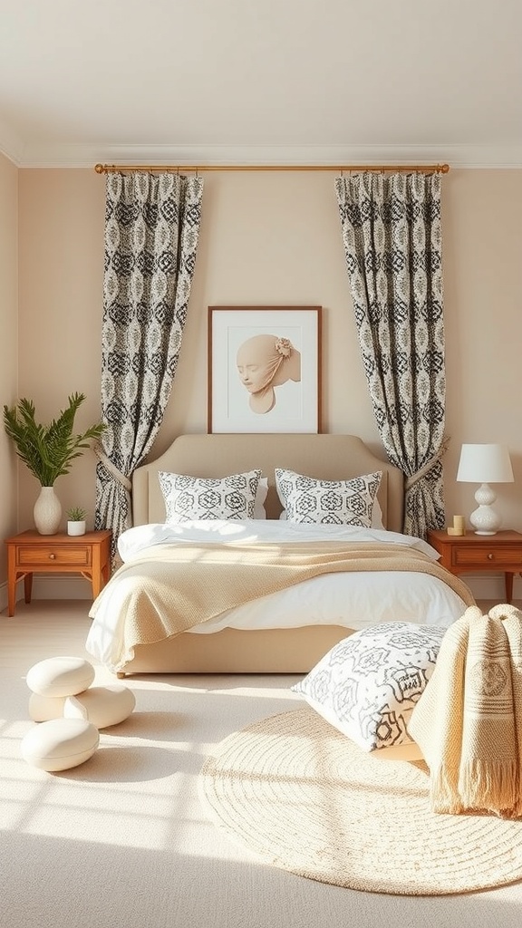 A beige bedroom featuring bold black and white patterned curtains, matching bedding, wooden furniture, and a potted plant.