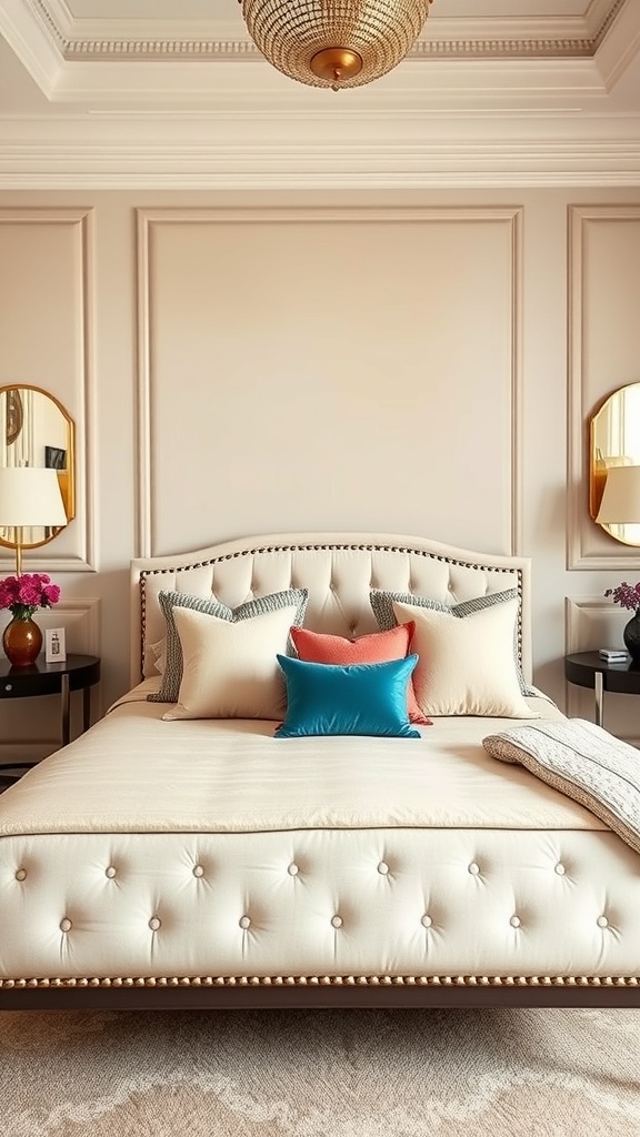 A beige bedroom featuring a plush bed with jewel-toned pillows, elegant lighting, and stylish decor.