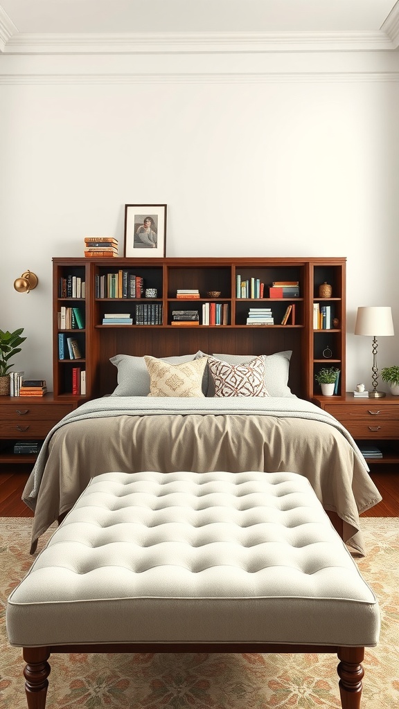 A cozy bedroom featuring a tufted bench with built-in bookshelves at the end of the bed.