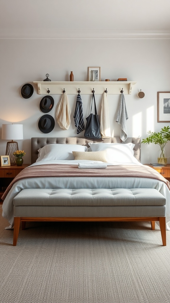 A stylish bedroom featuring a cushioned bench at the end of the bed with hooks on the wall for hanging hats and bags.