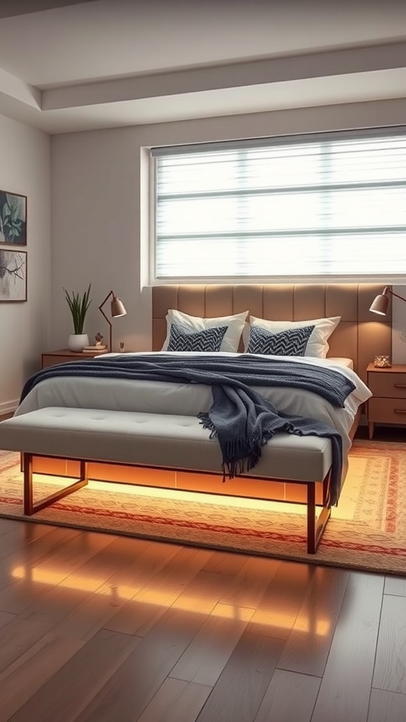 A modern bedroom featuring a stylish bench with integrated lighting at the end of a bed, enhancing the room's decor.
