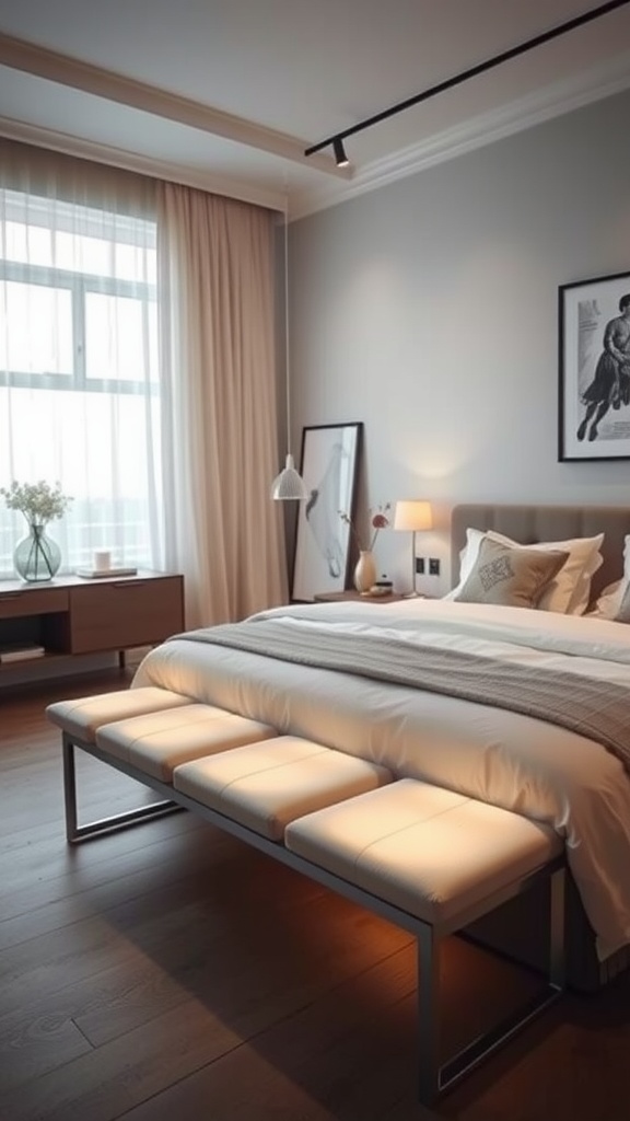 Modern bedroom featuring a bench with integrated lighting at the end of the bed.