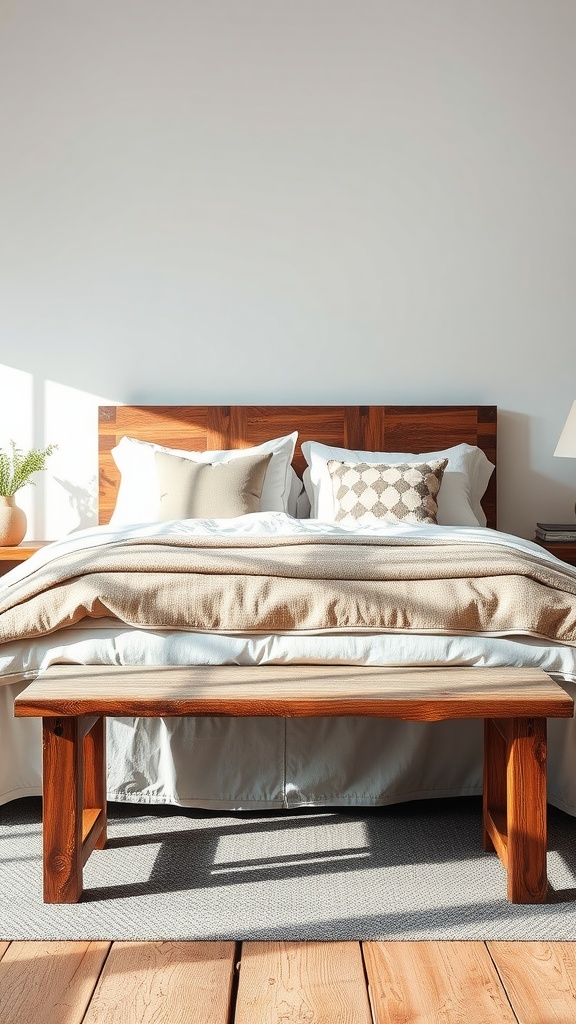 A rustic reclaimed wood bench at the end of a neatly made bed in a cozy bedroom setting.