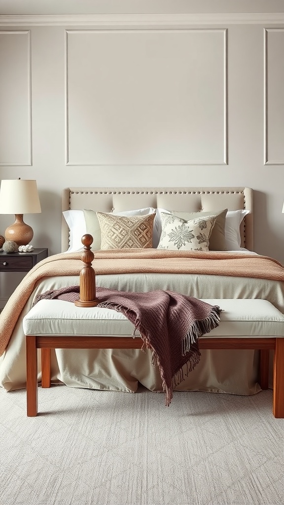 A cozy bedroom featuring a soft cushioned bench at the end of the bed, complete with decorative pillows and a warm throw.