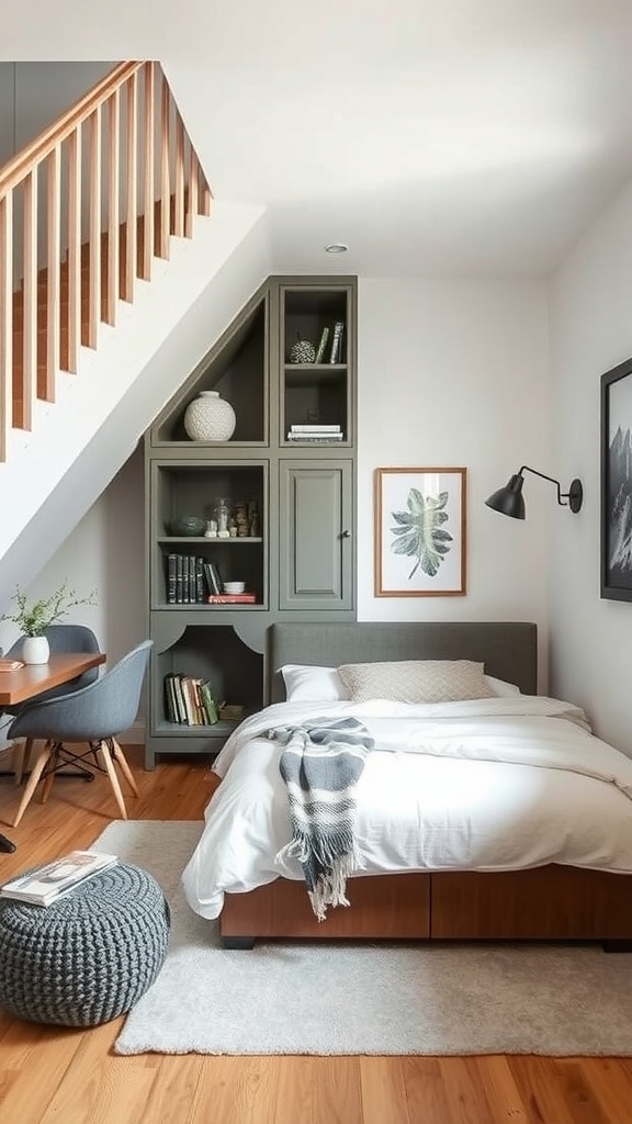 A cozy bedroom with a bed, a small table, and storage beneath the stairs.